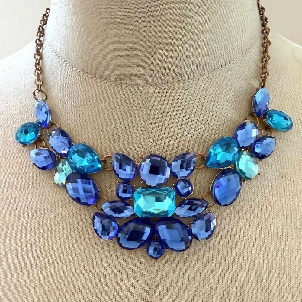 Blue Statement Bib Necklace Faceted Crystal  Gold Tone
